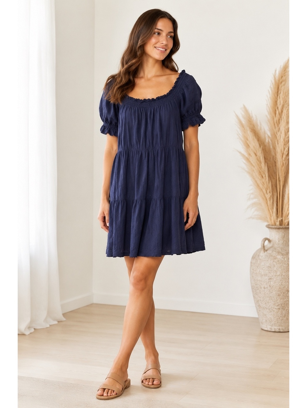 Old Navy Women’s Small Tall Navy Embroidered Puff Sleeve Tiered Dress